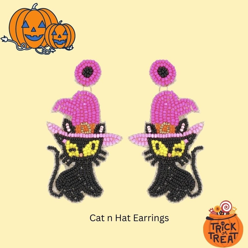 Beaded Cat & Hat Earrings